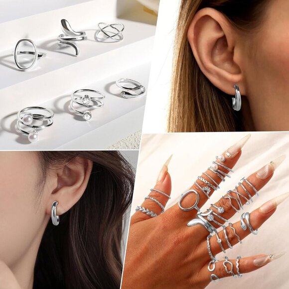 Gold Jewelry Set - Trendy Multi Layer Necklace & Bracelets with Earrings and Rin - Picture 4 of 7